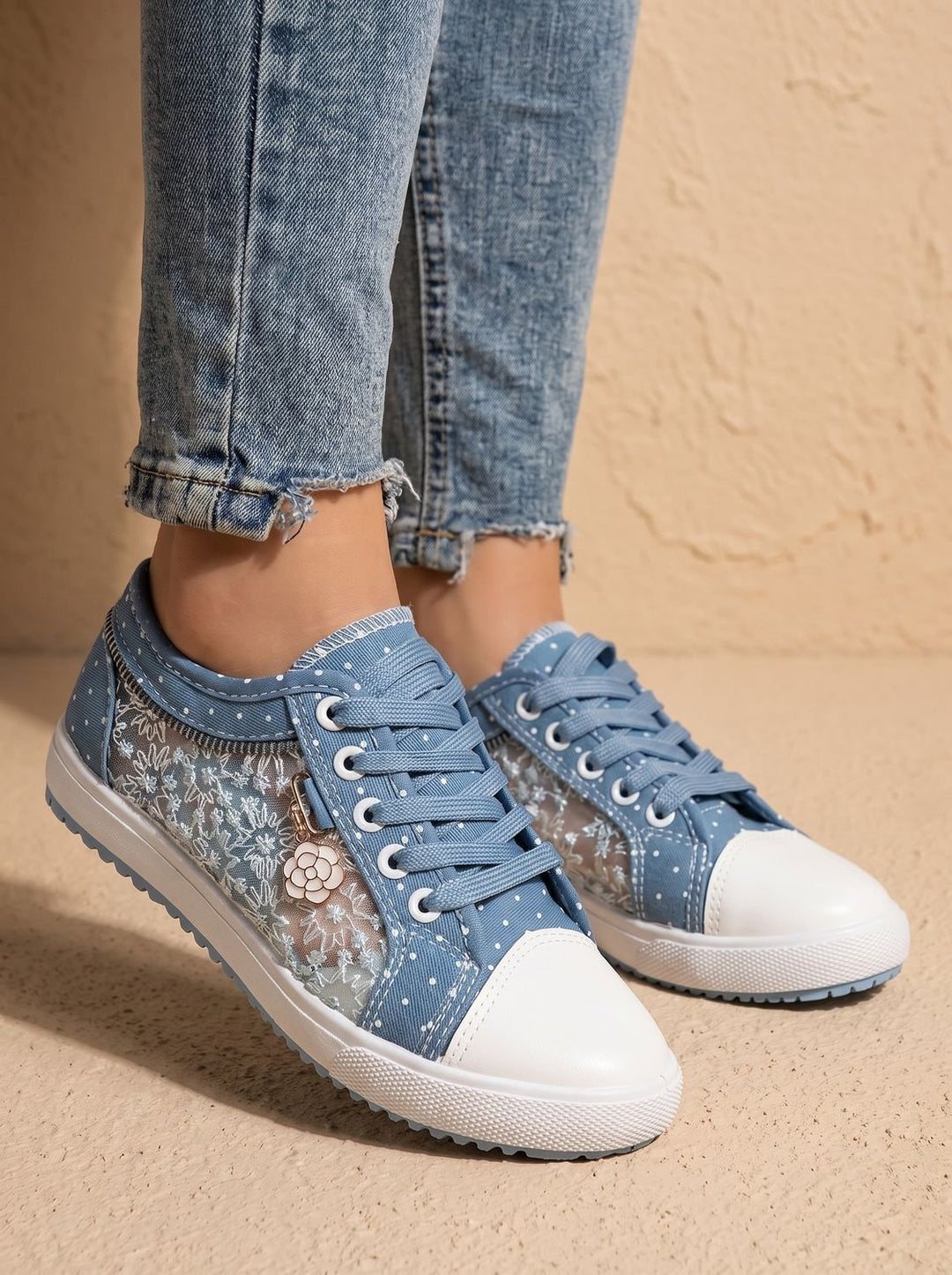 Dames Orthopedische Kanten Sneakers met Rits en Bloemdetail