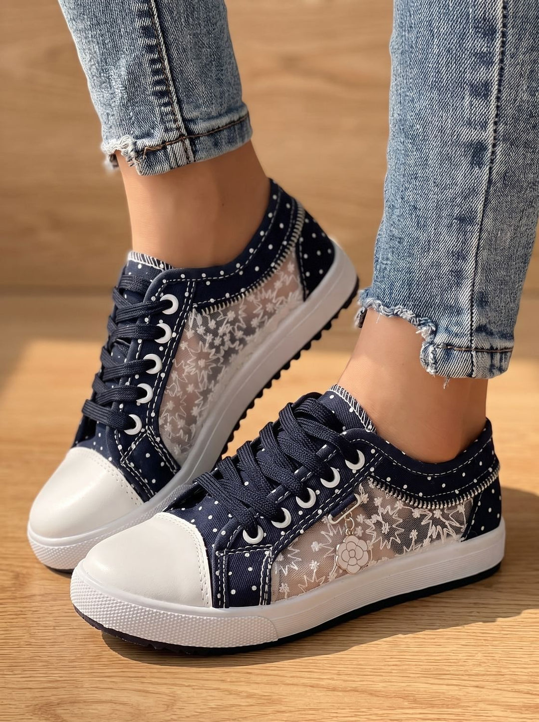 Dames Orthopedische Kanten Sneakers met Rits en Bloemdetail - Marineblauw