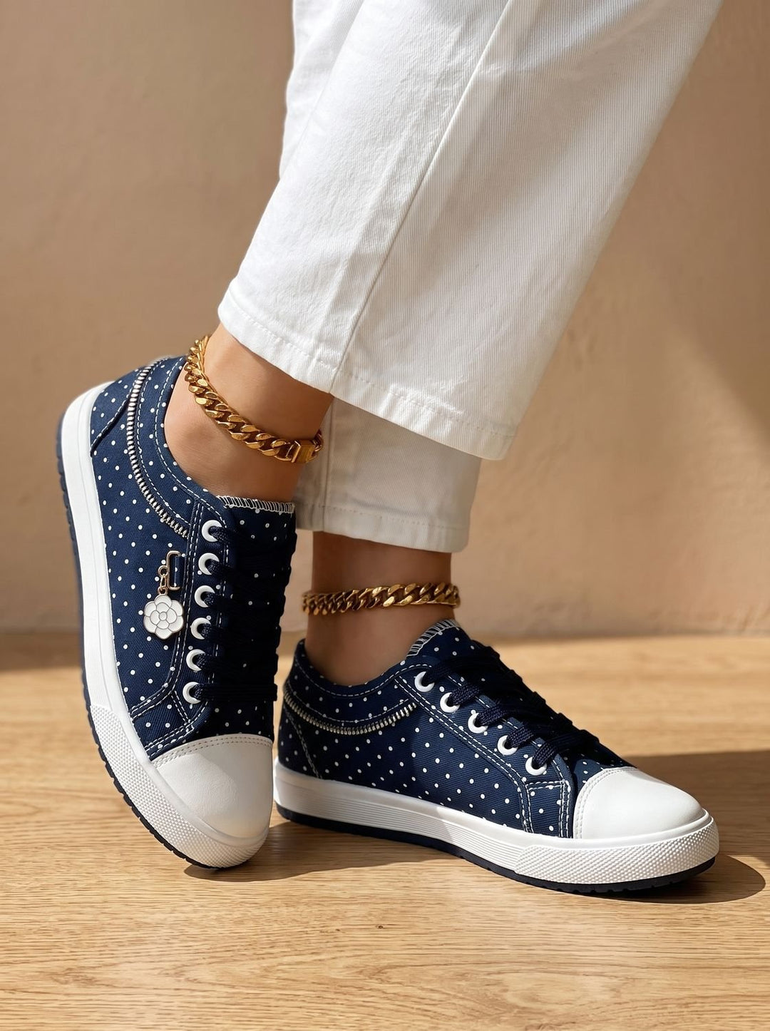 Dames Orthopedische Kanten Sneakers met Rits en Bloemdetail - Donkerblauw
