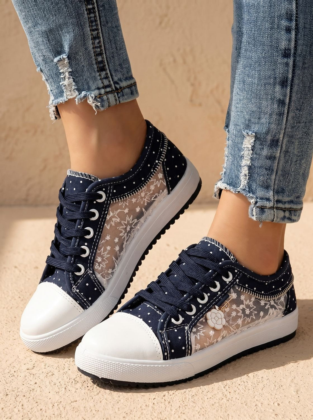 Dames Orthopedische Kanten Sneakers met Rits en Bloemdetail