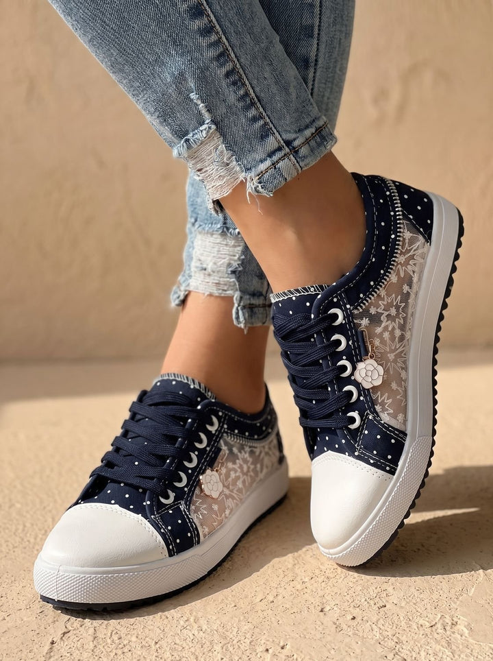 Dames Orthopedische Kanten Sneakers met Rits en Bloemdetail
