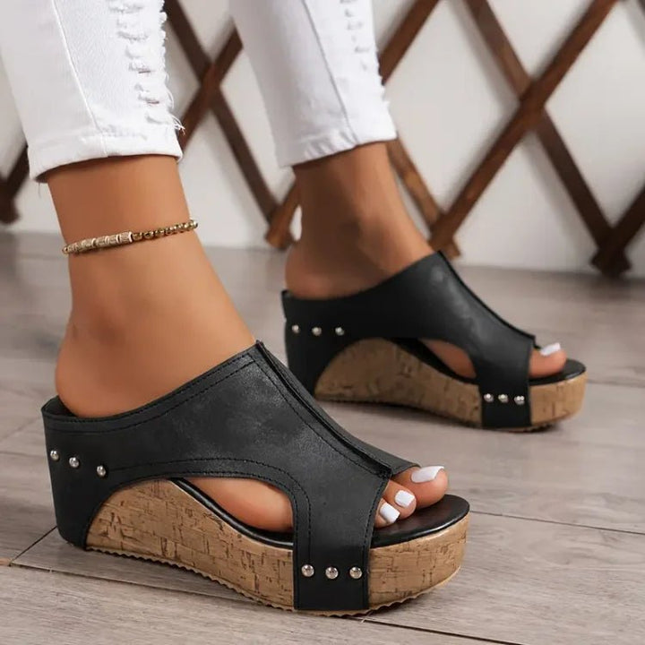 Dames Orthopedische Kurk Sleehak Sandalen - Black