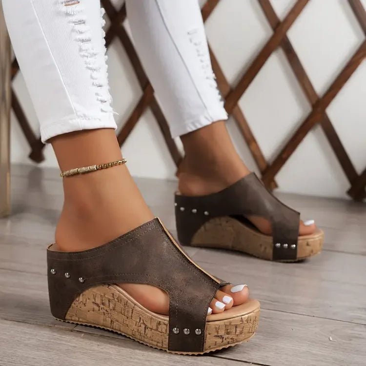 Dames Orthopedische Kurk Sleehak Sandalen - Brown