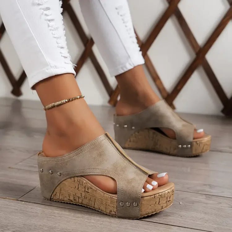 Dames Orthopedische Kurk Sleehak Sandalen - Beige