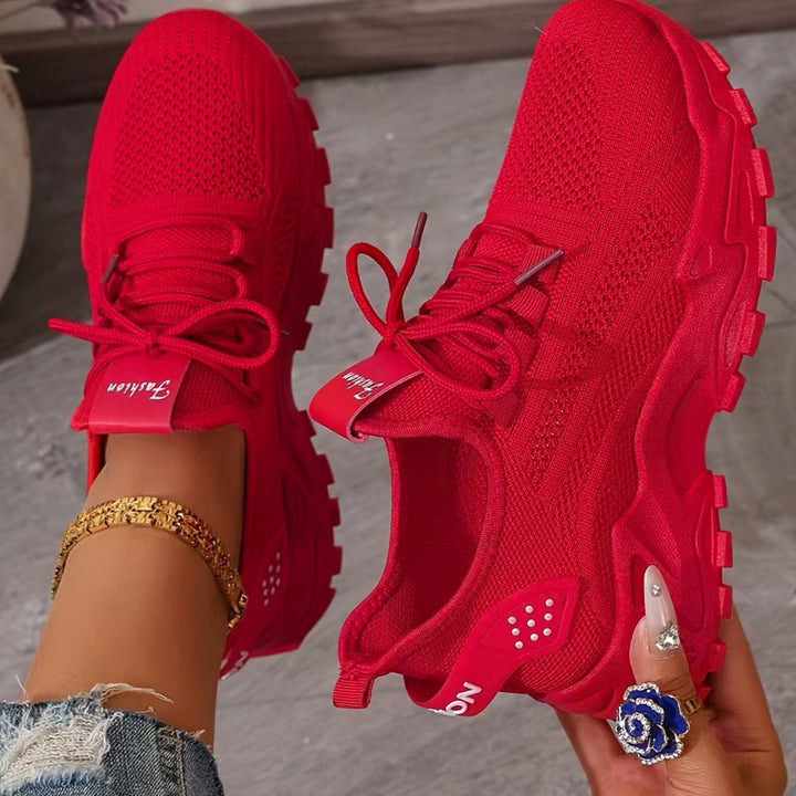 Dames Orthopedische Mesh Sneakers Vetersluiting Brede Pasvorm - Rood