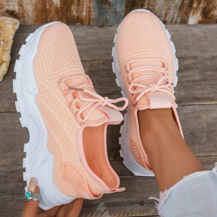 Dames Orthopedische Mesh Sneakers Vetersluiting Brede Pasvorm - Perzik