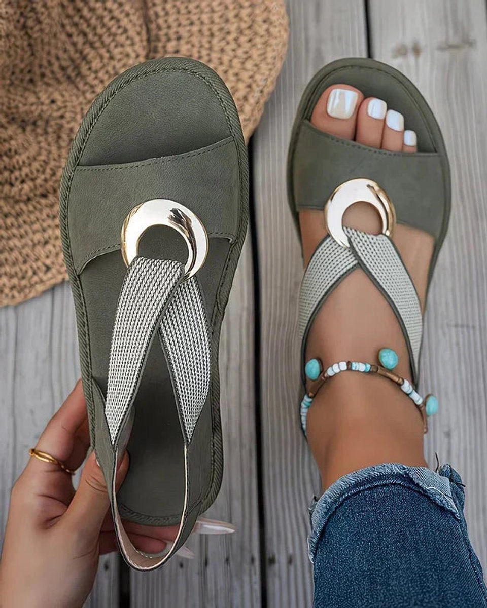 Dames Orthopedische Platte Sandalen Metalen Gesp Elastische Band - Groen