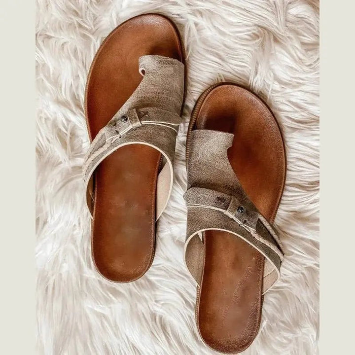 Dames Orthopedische Platte Teenslippers Veganleren Zomersandalen - Khaki