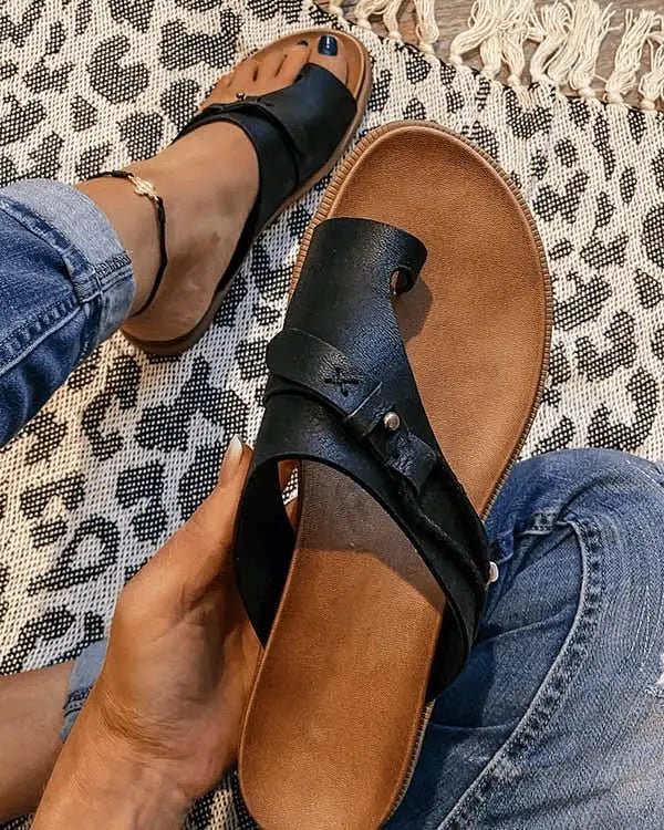 Dames Orthopedische Platte Teenslippers Veganleren Zomersandalen - Black