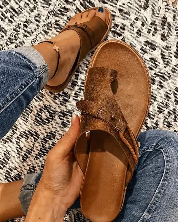 Dames Orthopedische Platte Teenslippers Veganleren Zomersandalen - Brown