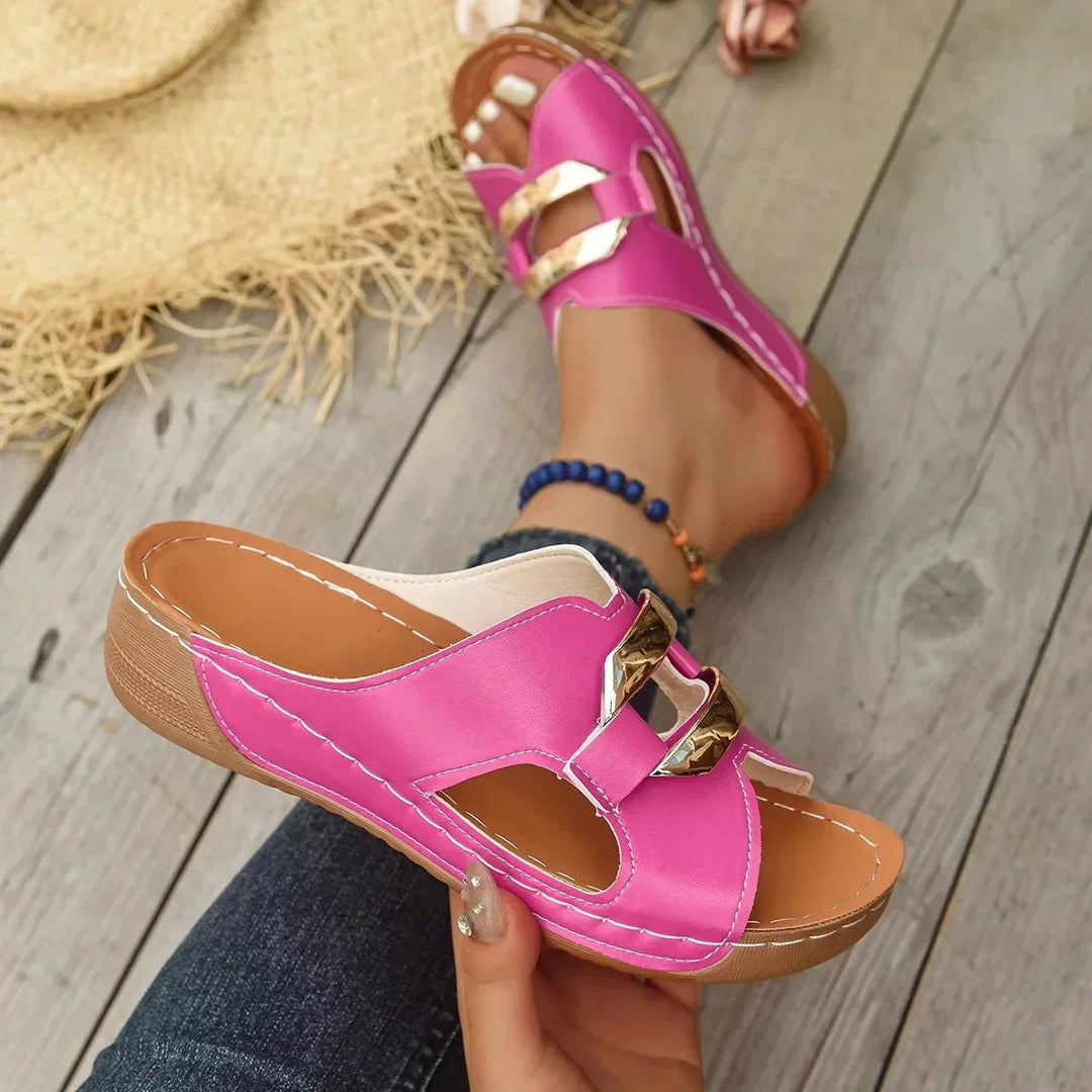 Dames Orthopedische Sleehak Slippers Gouden Gesp - Pink