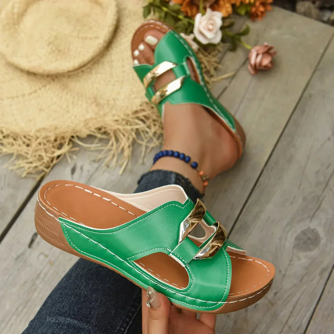 Dames Orthopedische Sleehak Slippers Gouden Gesp