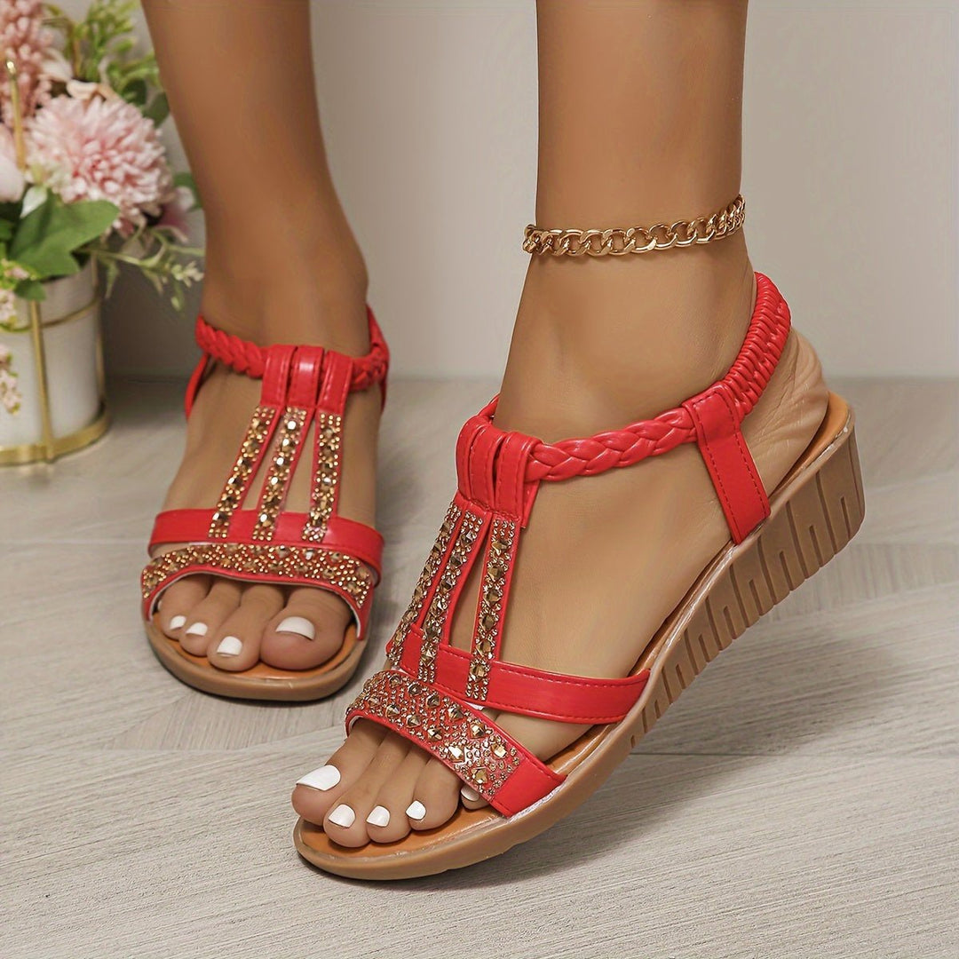 Dames Orthopedische T-Strap Wedge Sandalen met Strass Details - Red