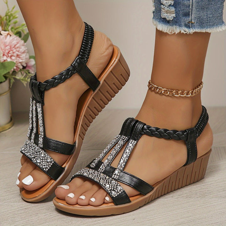 Dames Orthopedische T-Strap Wedge Sandalen met Strass Details - Black