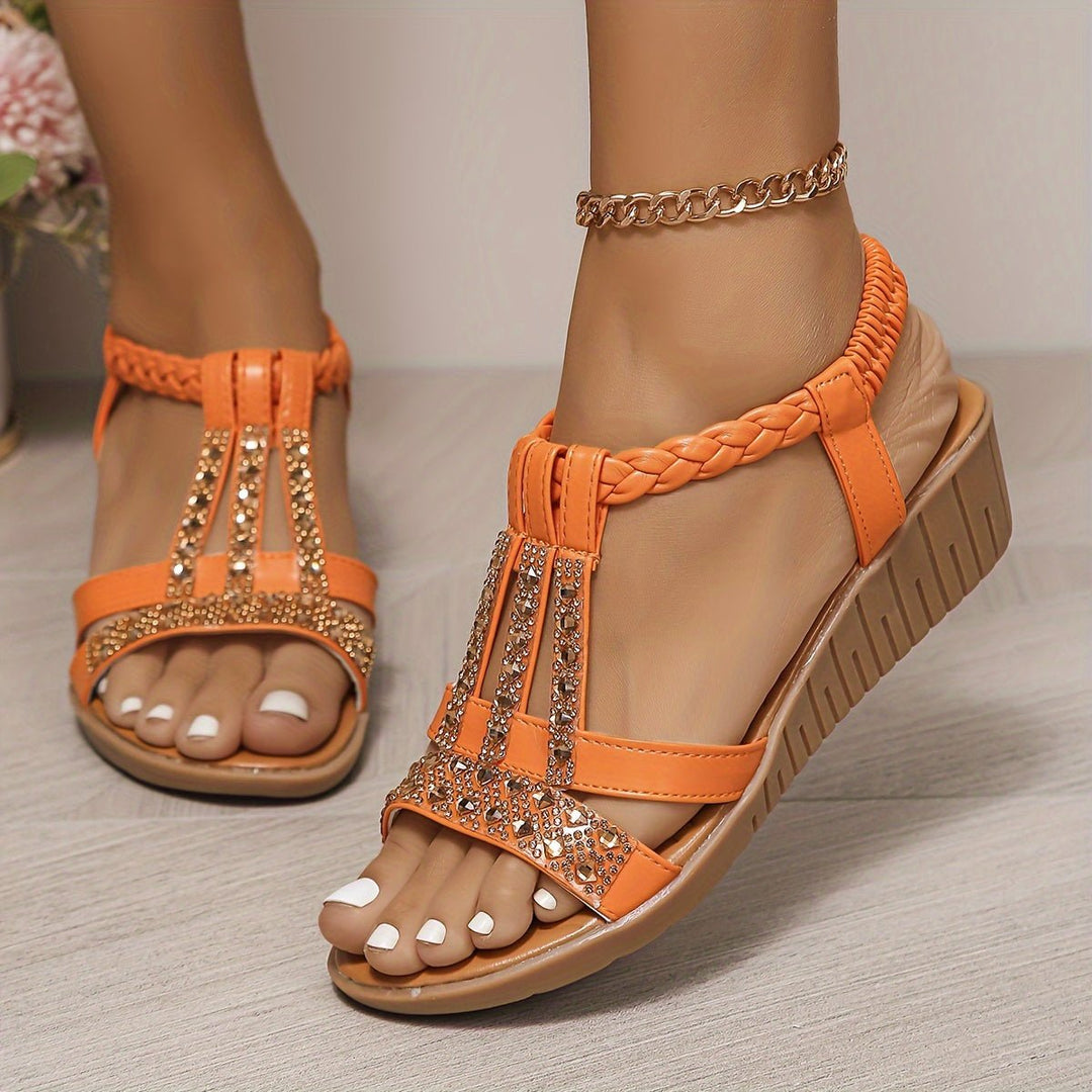 Dames Orthopedische T-Strap Wedge Sandalen met Strass Details - Orange