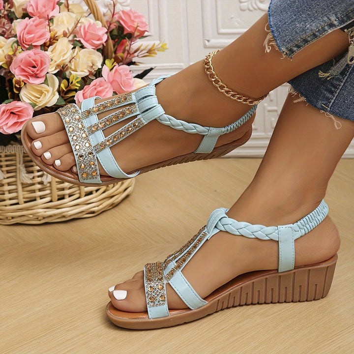 Dames Orthopedische T-Strap Wedge Sandalen met Strass Details - Light Blue