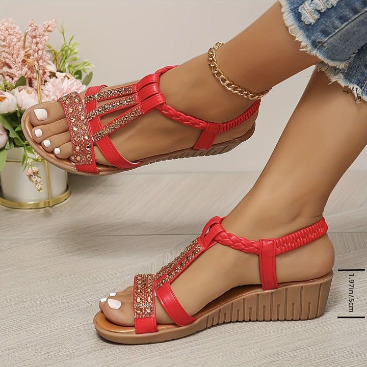 Dames Orthopedische T-Strap Wedge Sandalen met Strass Details