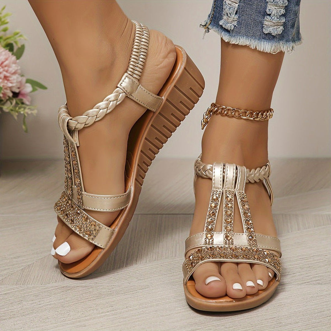 Dames Orthopedische T-Strap Wedge Sandalen met Strass Details - Rose Gold