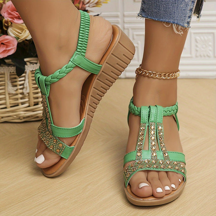 Dames Orthopedische T-Strap Wedge Sandalen met Strass Details