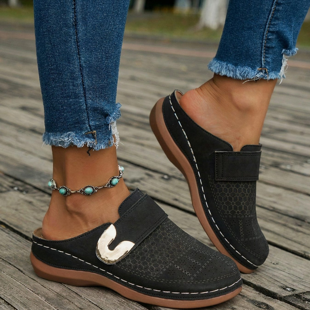 Dames Orthopedische Velcro Muiltjes met Metalengesp - Zwart
