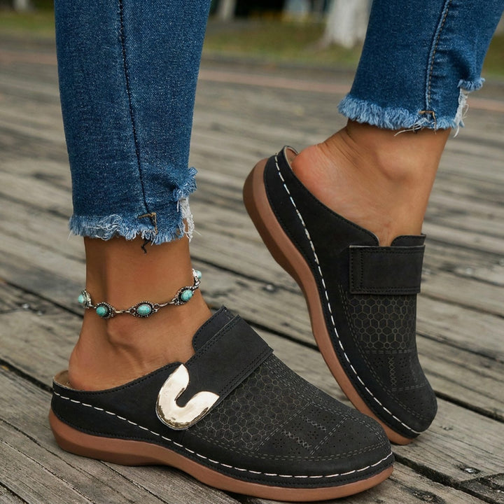 Dames Orthopedische Velcro Muiltjes met Metalengesp - Zwart