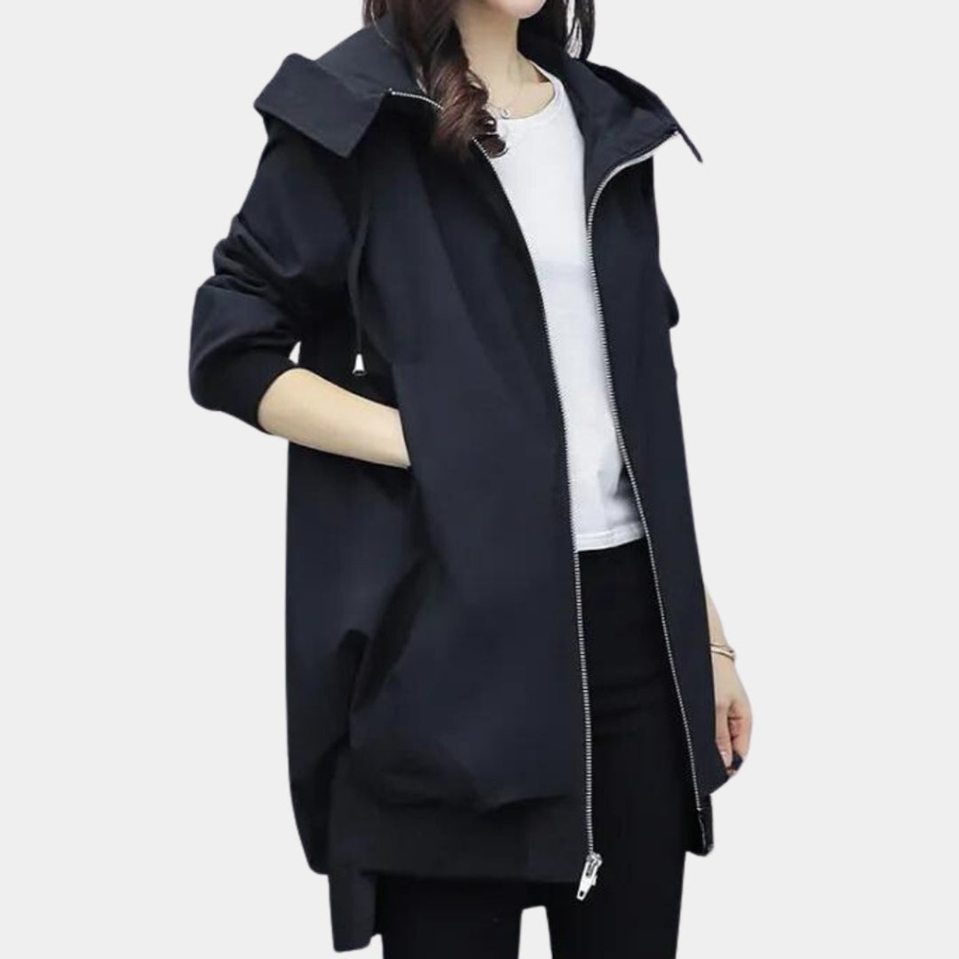 Dames Overgangsjas met Capuchon Rits Windjack Lang Silhouet - Zwart