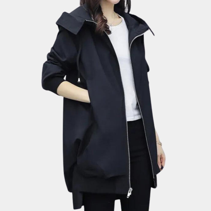 Dames Overgangsjas met Capuchon Rits Windjack Lang Silhouet - Zwart