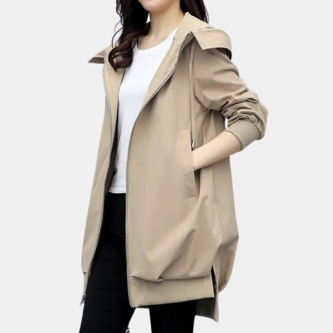 Dames Overgangsjas met Capuchon Rits Windjack Lang Silhouet - Khaki