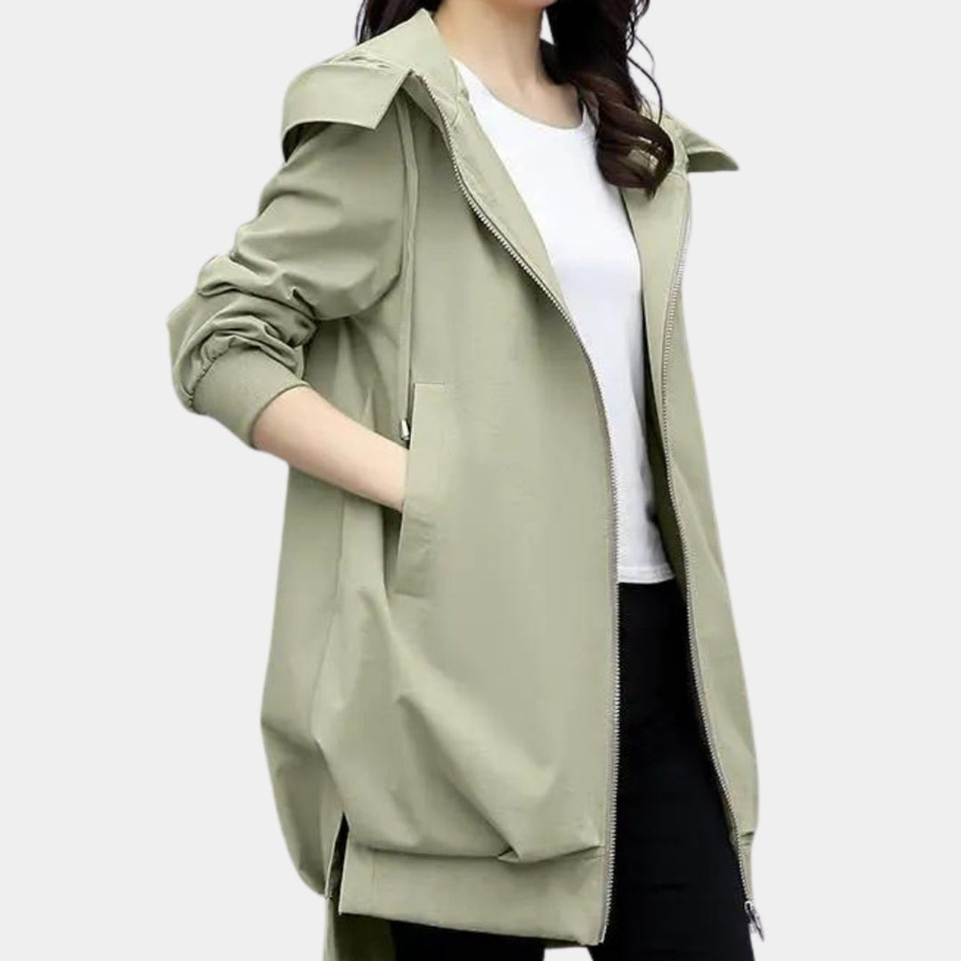 Dames Overgangsjas met Capuchon Rits Windjack Lang Silhouet - Groen
