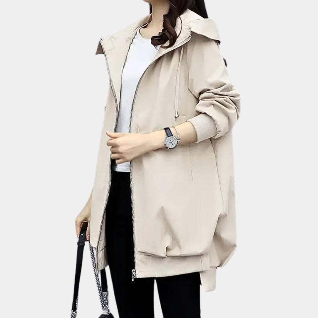 Dames Overgangsjas met Capuchon Rits Windjack Lang Silhouet - Beige