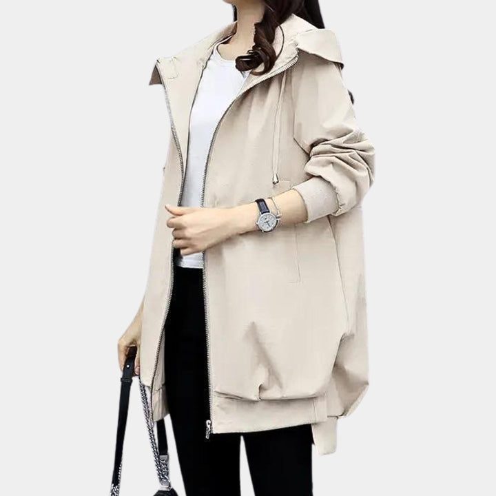 Dames Overgangsjas met Capuchon Rits Windjack Lang Silhouet - Beige