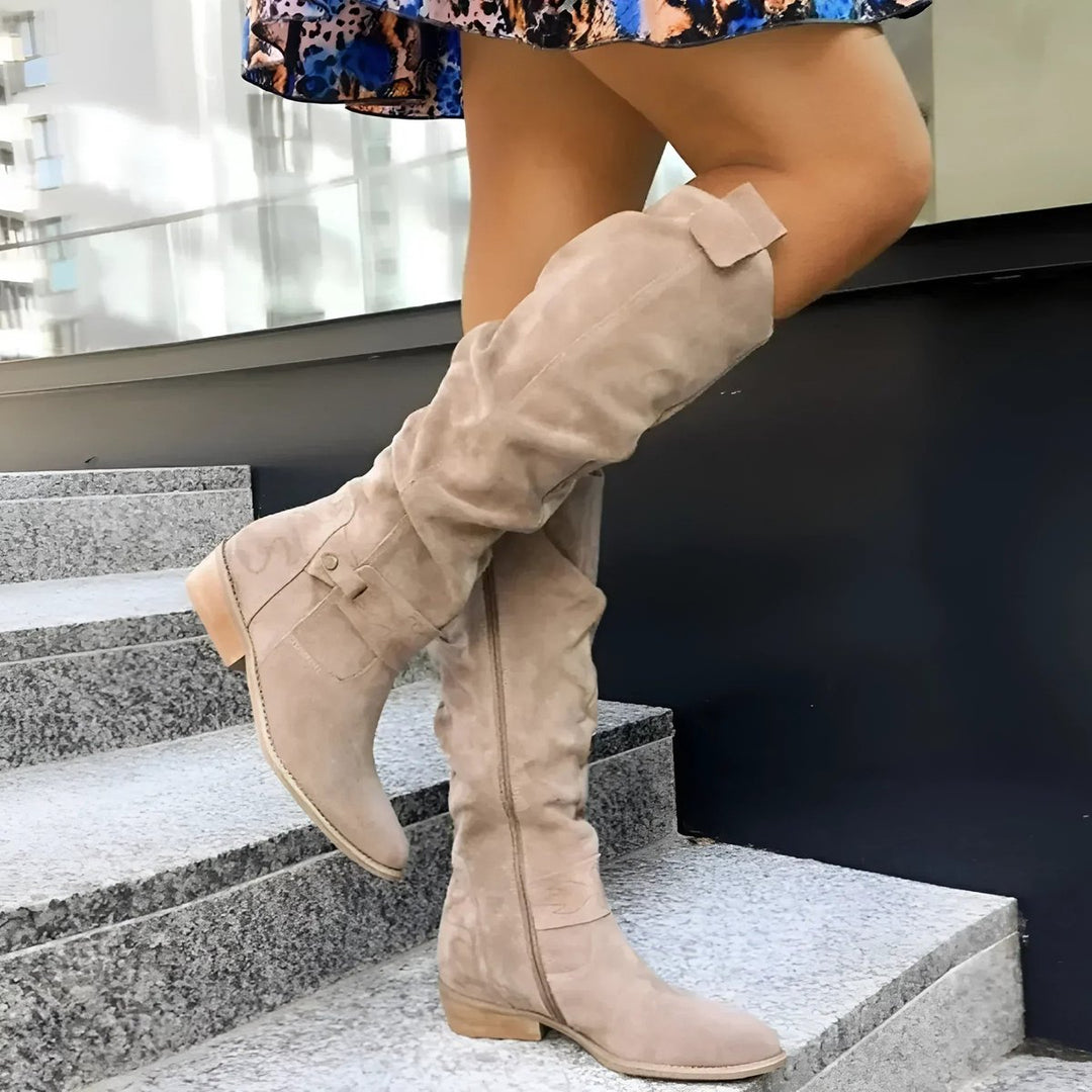 Dames Overknee Knee High Boots Geplooide Suède Laarzen Blokhak - Beige