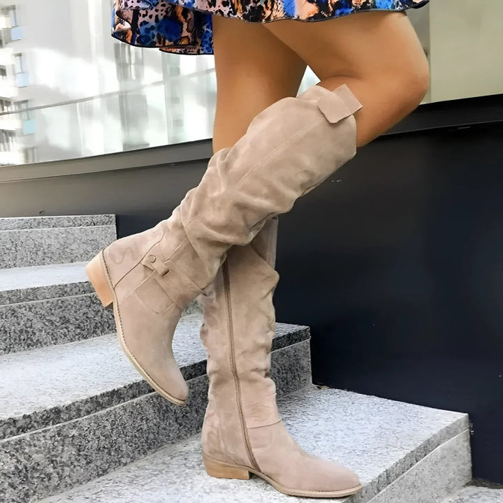 Dames Overknee Knee High Boots Geplooide Suède Laarzen Blokhak - Beige