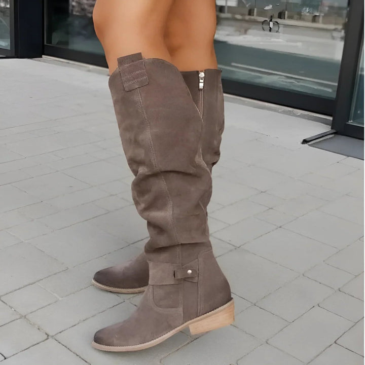 Dames Overknee Knee High Boots Geplooide Suède Laarzen Blokhak - Bruin