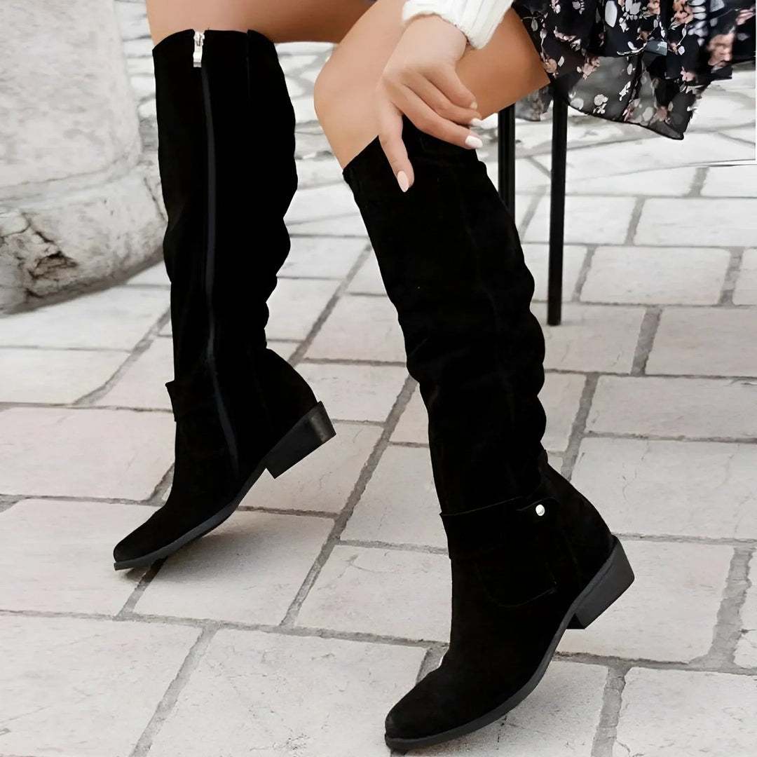 Dames Overknee Knee High Boots Geplooide Suède Laarzen Blokhak - Zwart