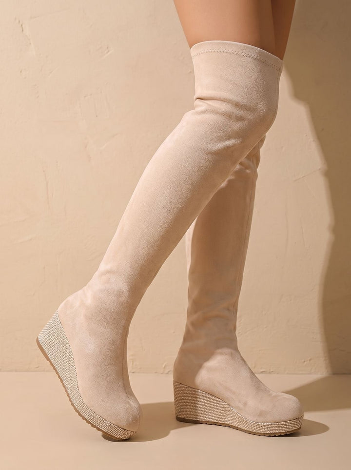 Dames Overknee Laarzen met Elastische Schacht en Keilzool - Beige