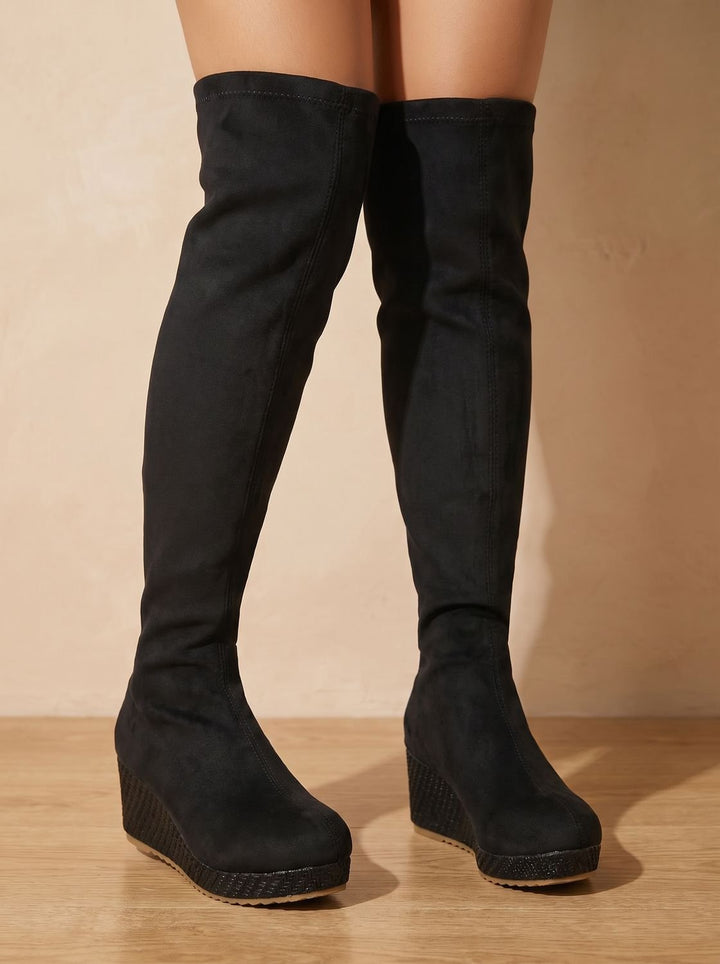 Dames Overknee Laarzen met Elastische Schacht en Keilzool