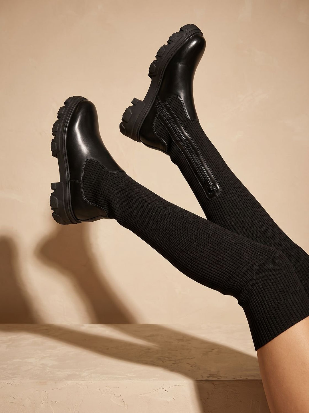 Dames Overknee Laarzen met Plateau en Stretch Rits - Zwart