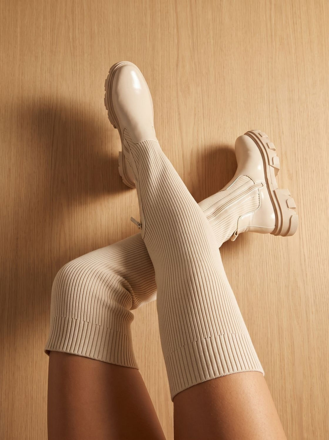 Dames Overknee Laarzen met Plateau en Stretch Rits - Beige