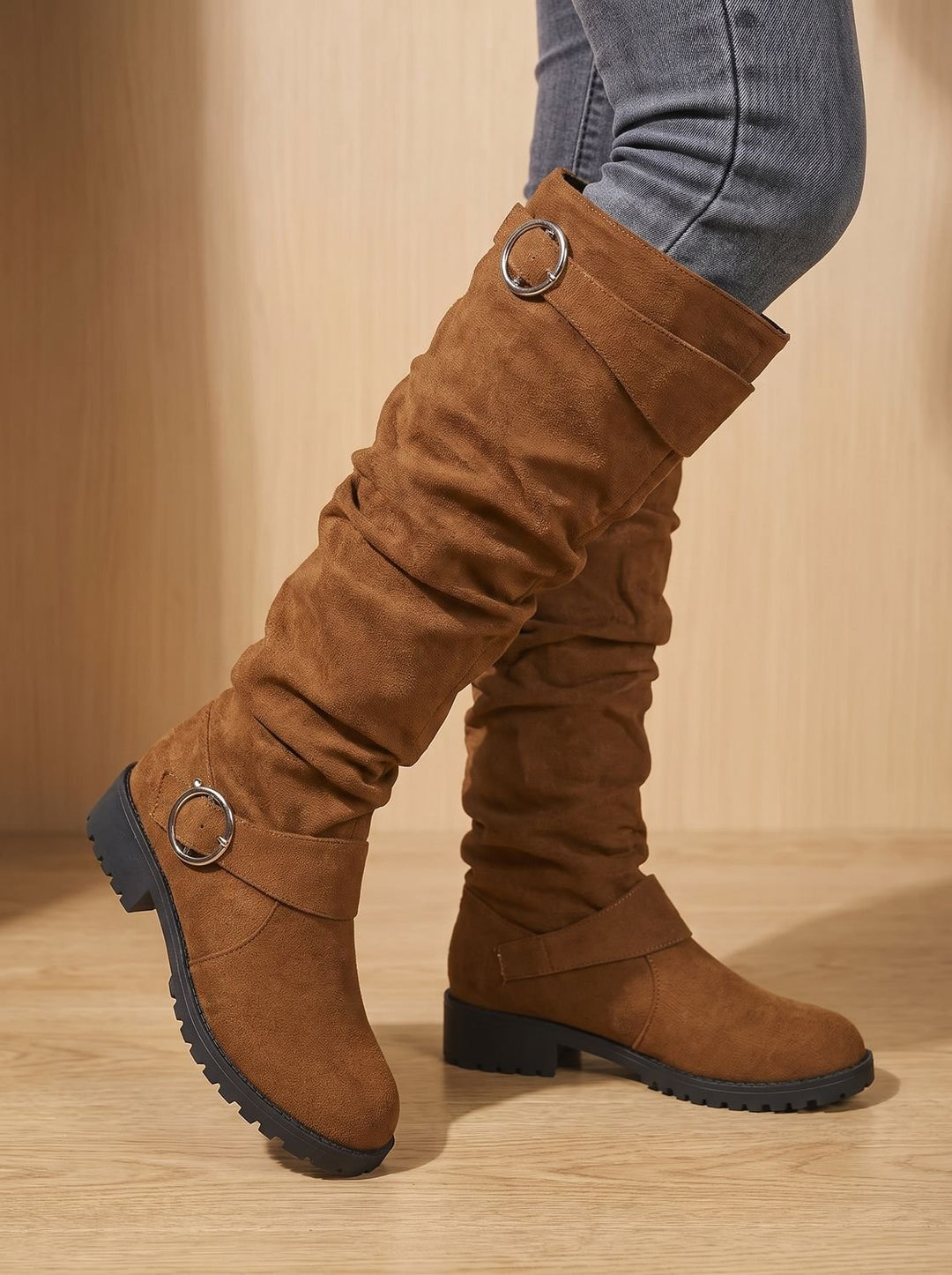 Dames Overknee Laarzen Slouchy Suède Gesp Blokhak - Lichtbruin
