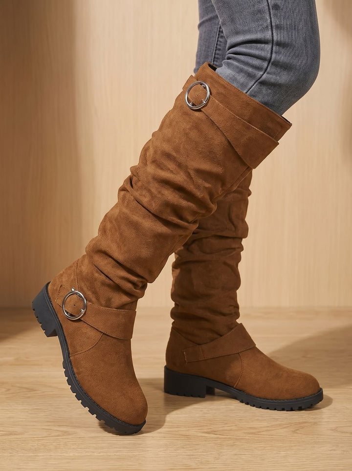 Dames Overknee Laarzen Slouchy Suède Gesp Blokhak - Lichtbruin