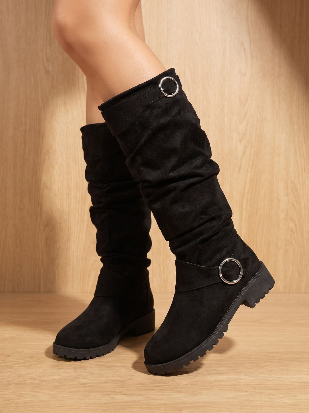 Dames Overknee Laarzen Slouchy Suède Gesp Blokhak - Zwart