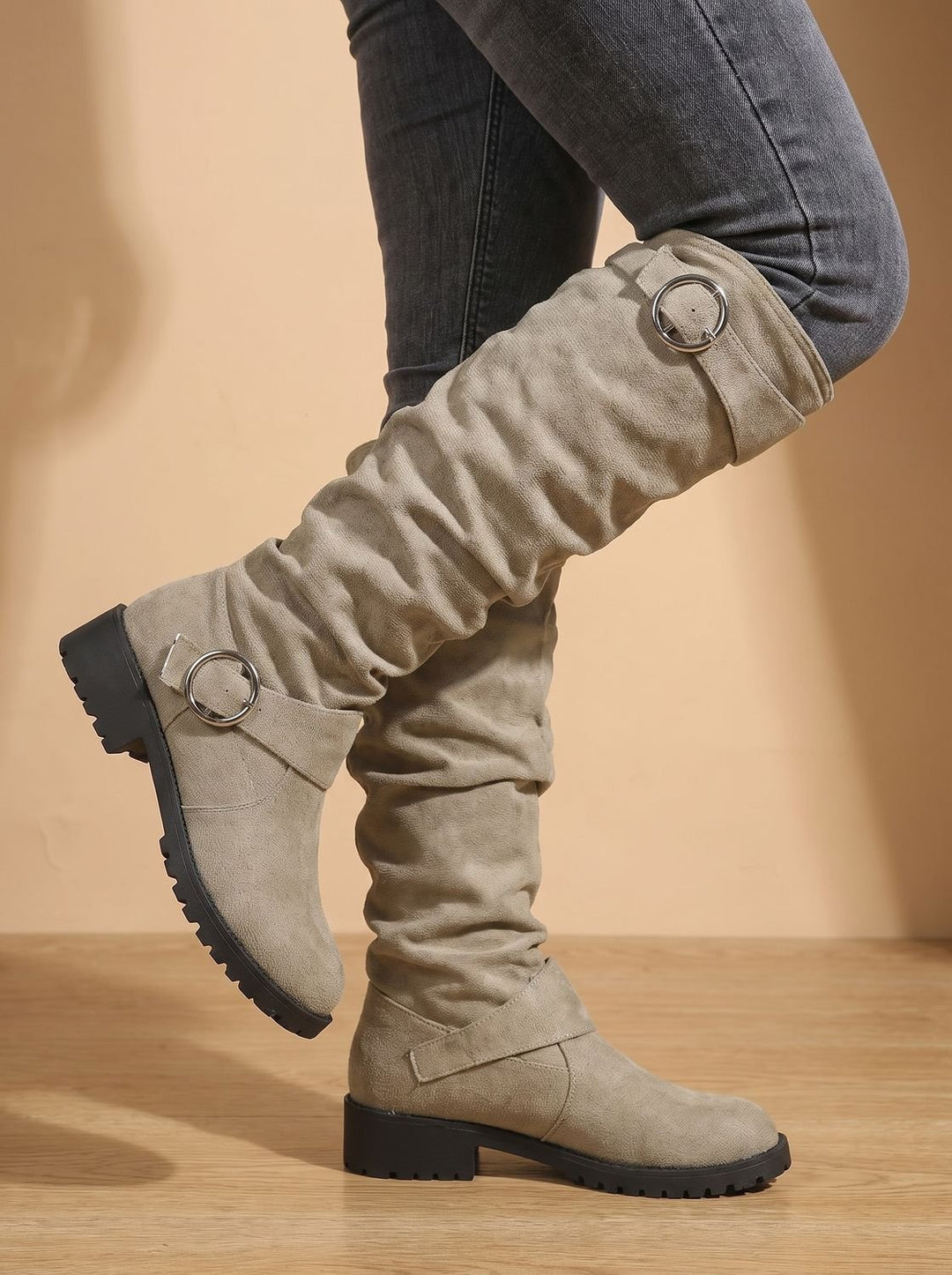 Dames Overknee Laarzen Slouchy Suède Gesp Blokhak