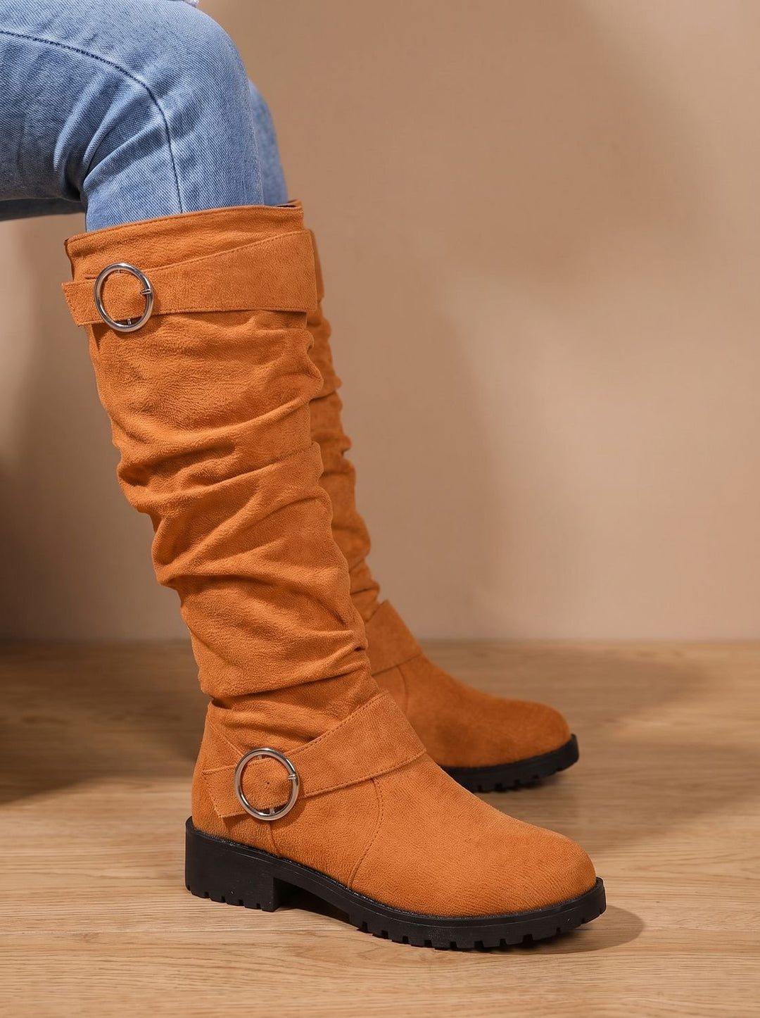 Dames Overknee Laarzen Slouchy Suède Gesp Blokhak - Oranje