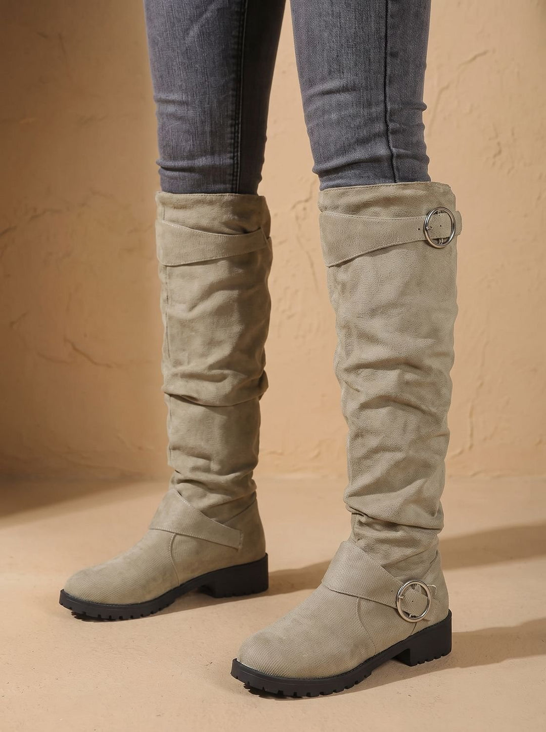 Dames Overknee Laarzen Slouchy Suède Gesp Blokhak - Khaki