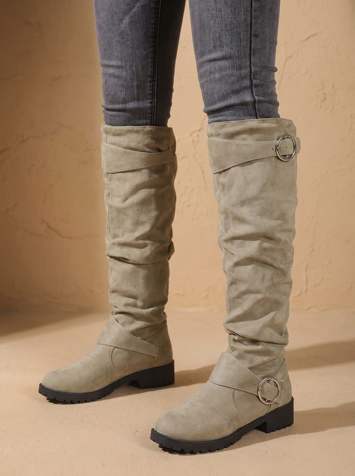 Dames Overknee Laarzen Slouchy Suède Gesp Blokhak - Khaki