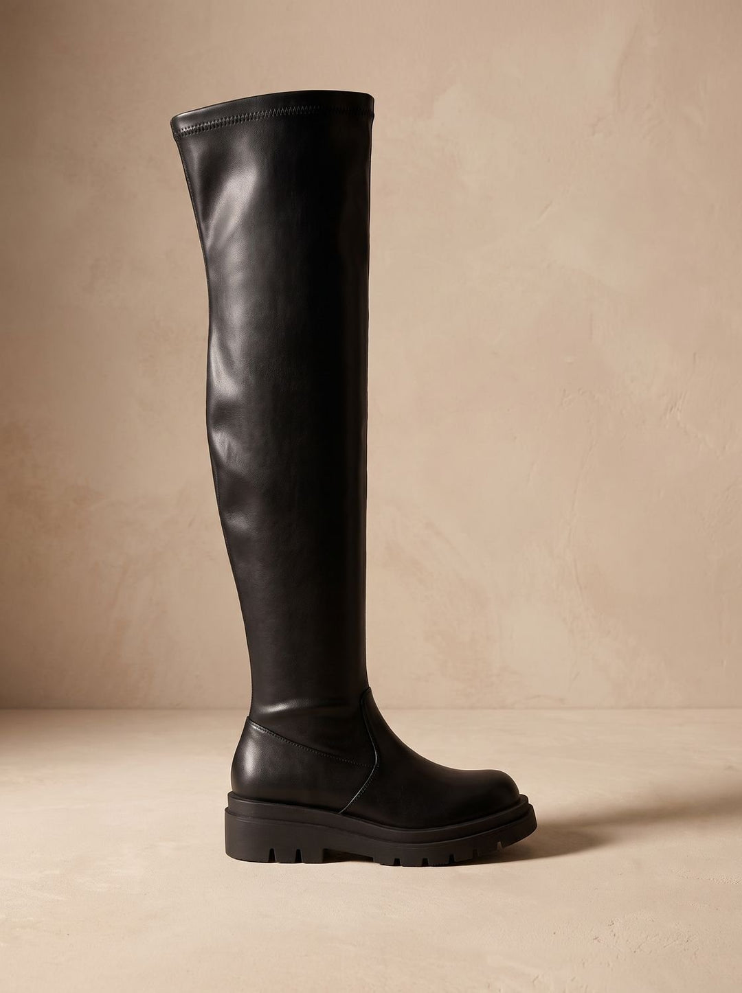Dames Overknee Laarzen Stretch Faux-Leer Chunky Zool - Zwart
