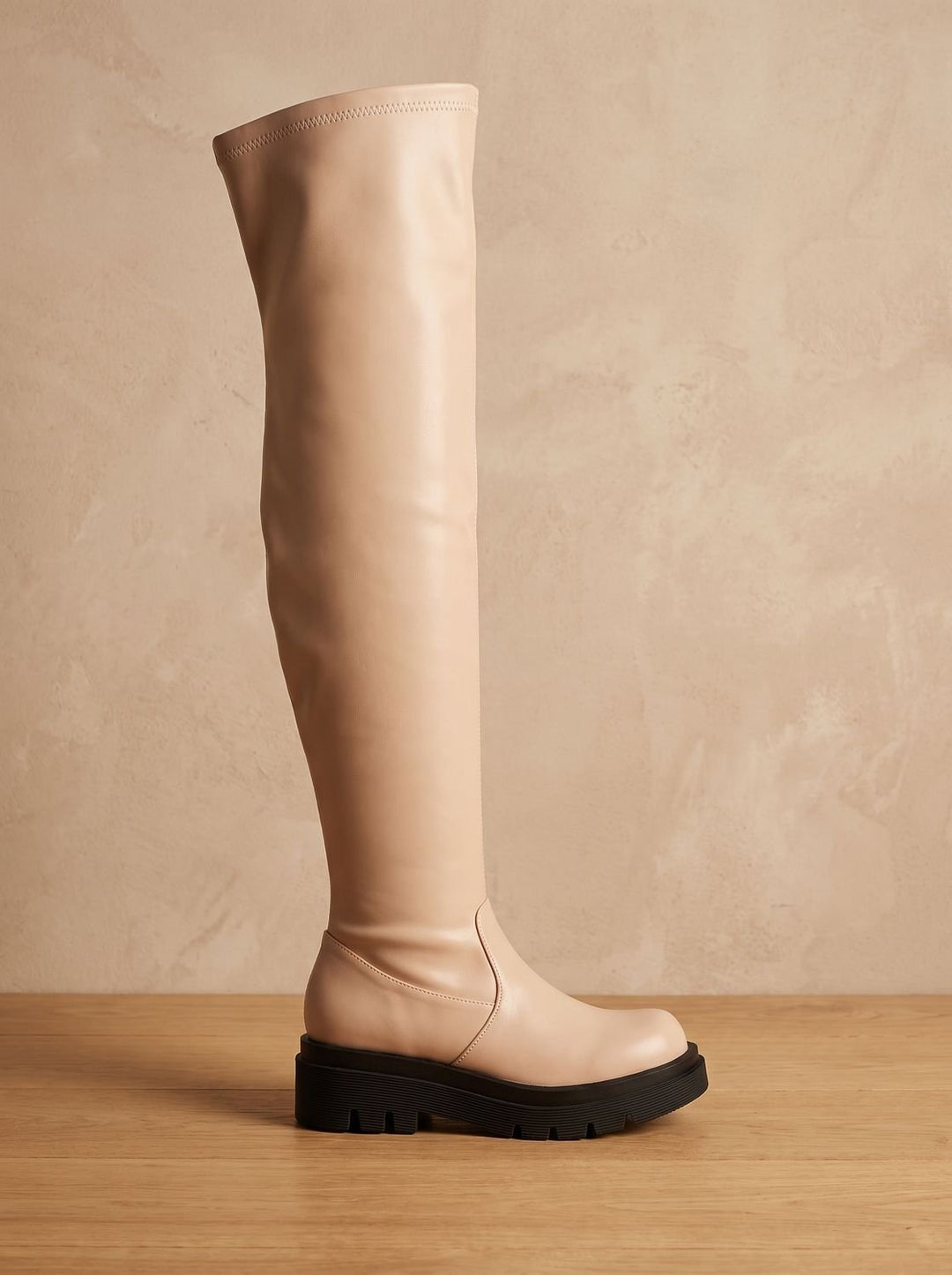 Dames Overknee Laarzen Stretch Faux-Leer Chunky Zool - Beige