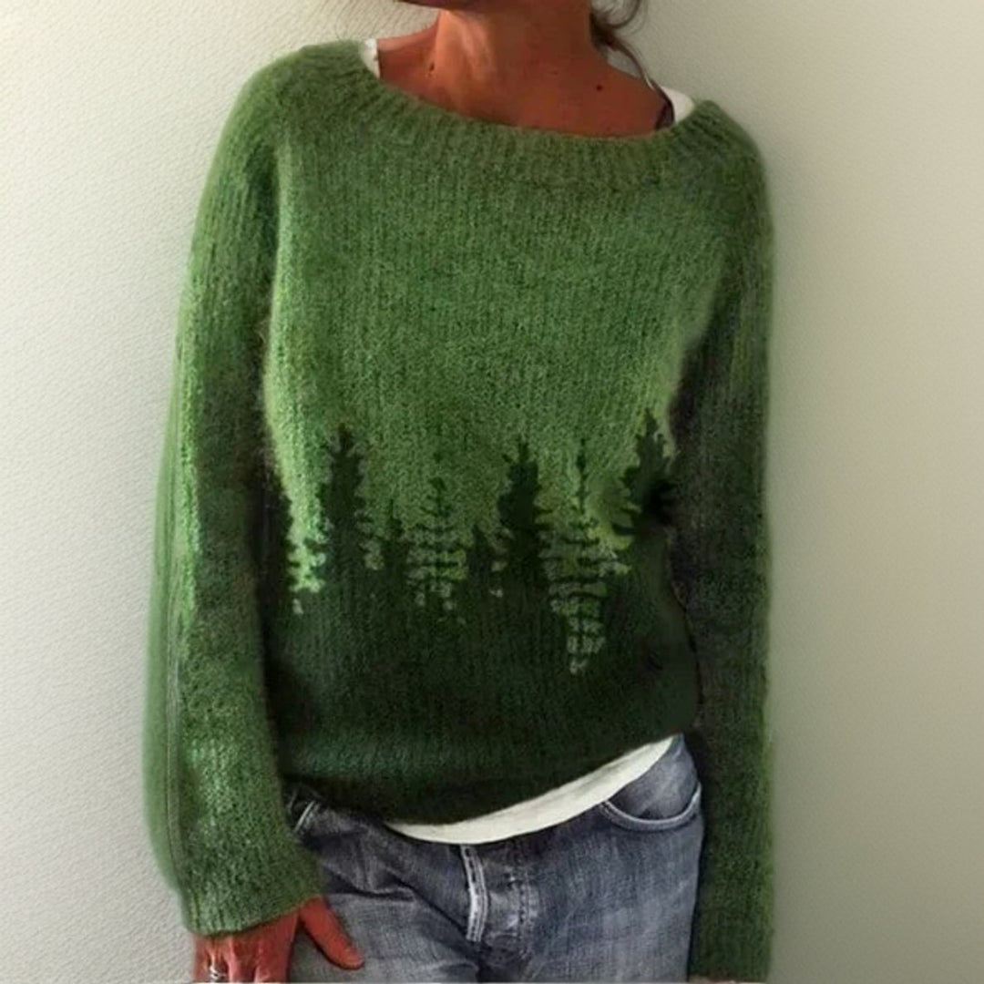 Dames Oversized Bosmotief Knit Sweater Ronde Hals Lange Mouw