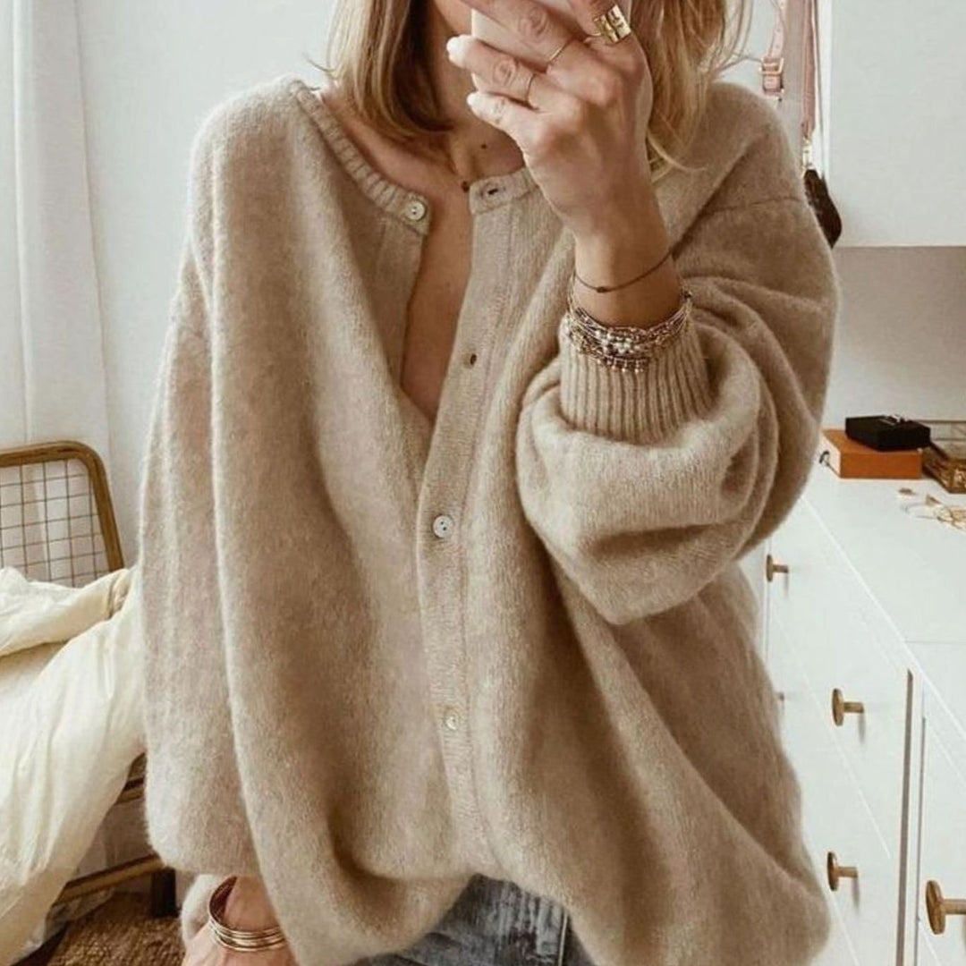 Dames Oversized Button-Up Cardigan met Volumemouwen - Bruin